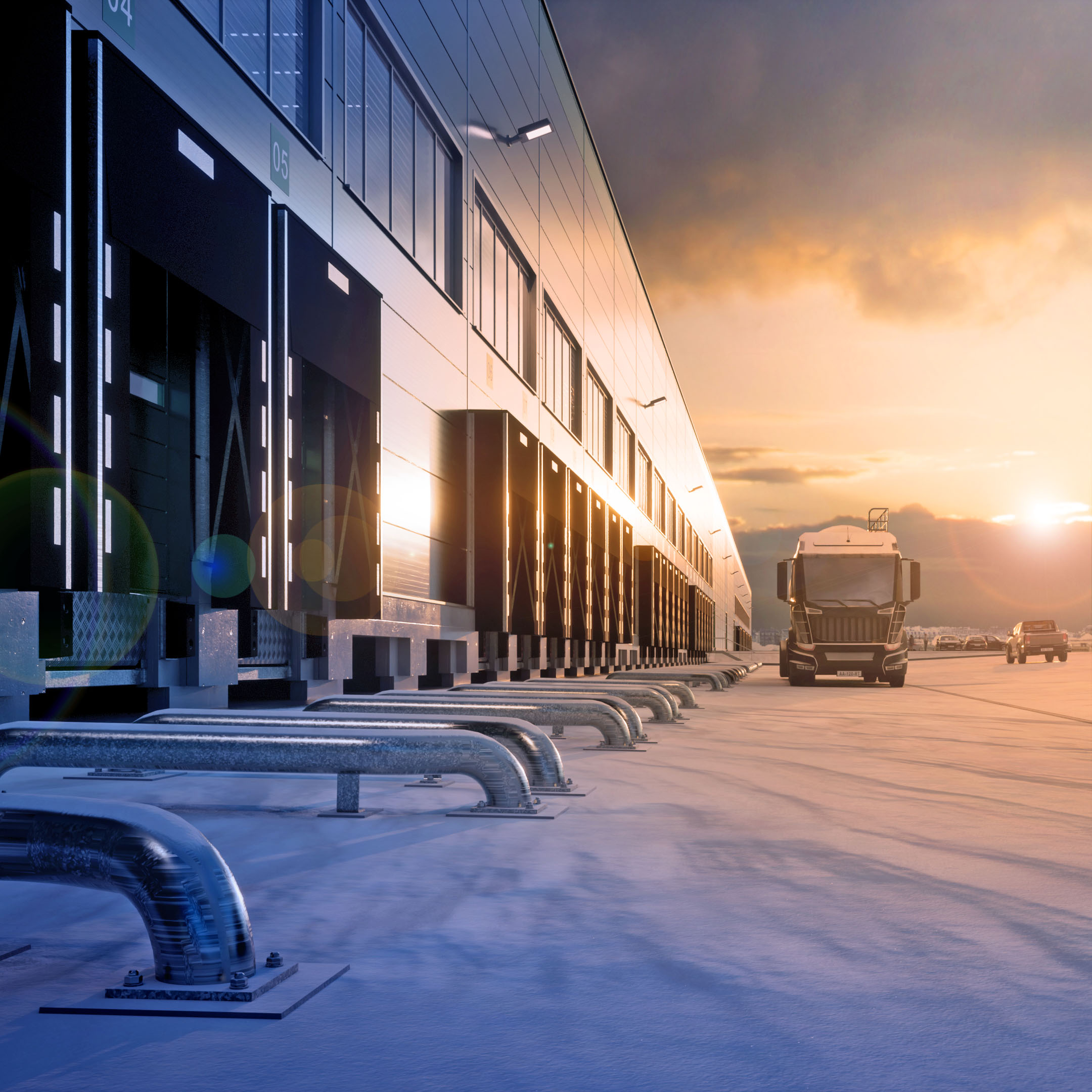 photo showing warehouse, dockdoors and truck in the distance